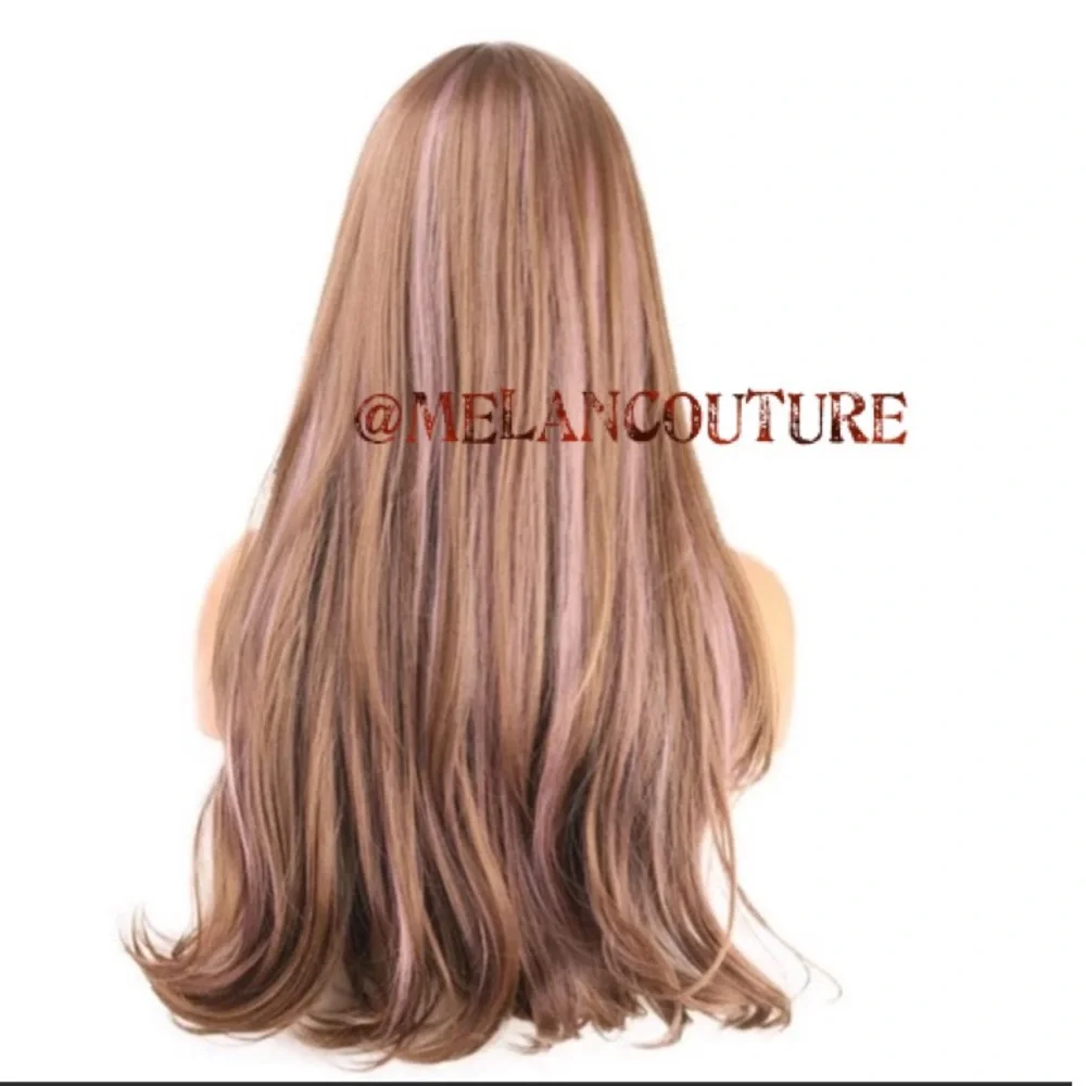 Natural Wave Synthetic Wig Bangs Glueless Cosplay Costume 24 inches pink brown